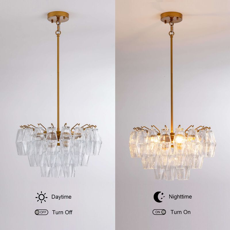 Hilaria Medium-gloss Brushed Brass Finish 3-Light Multi-faceted Clear Glass Shade Round Tiered Chandelier image number 4