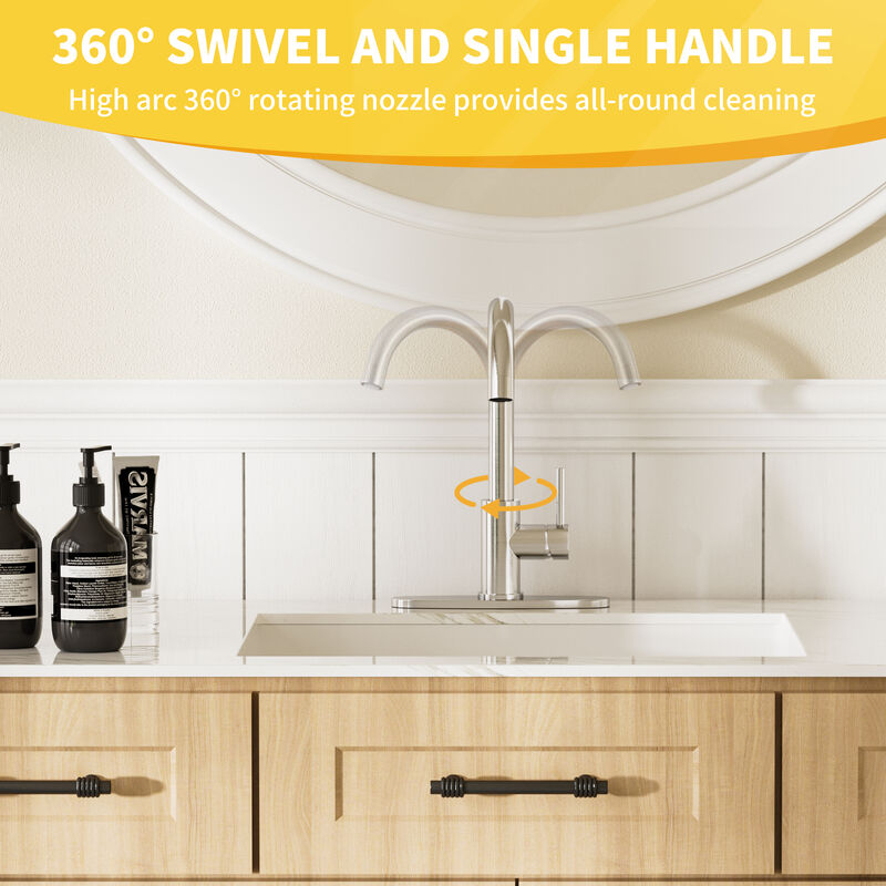 Mondawe Bathroom Sink Faucet, Single Handle 1 Hole Deck Mount Basin Hot & Cold Water with Deck Plate Lavatory Vanity Sink