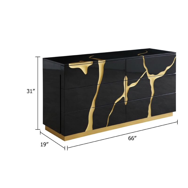 Cid Exie Dresser, Modern Glossy Black with Gold Inlaid Accents, 66 Inch - Benzara image number 4
