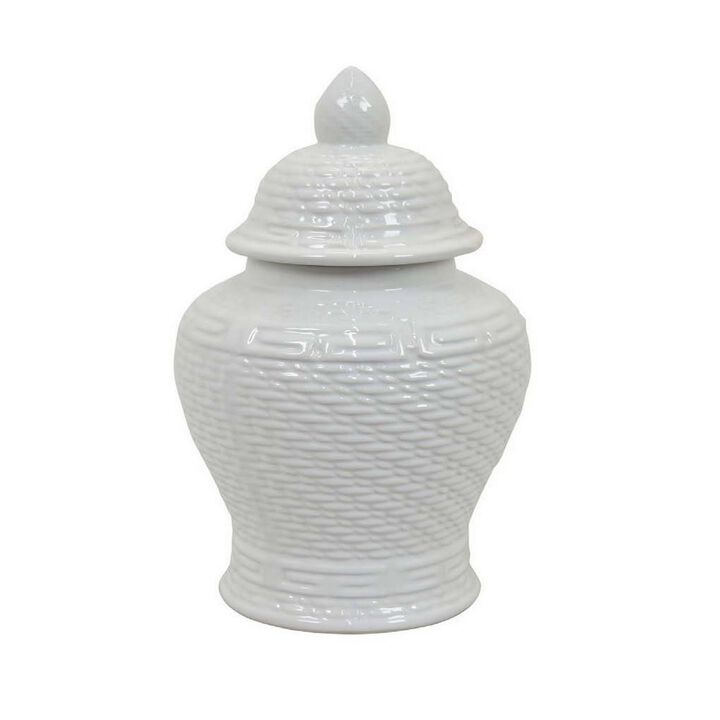 Bryan 13 Inch Temple Ginger Jar with Lid, Pristine White Ceramic Finish - Benzara