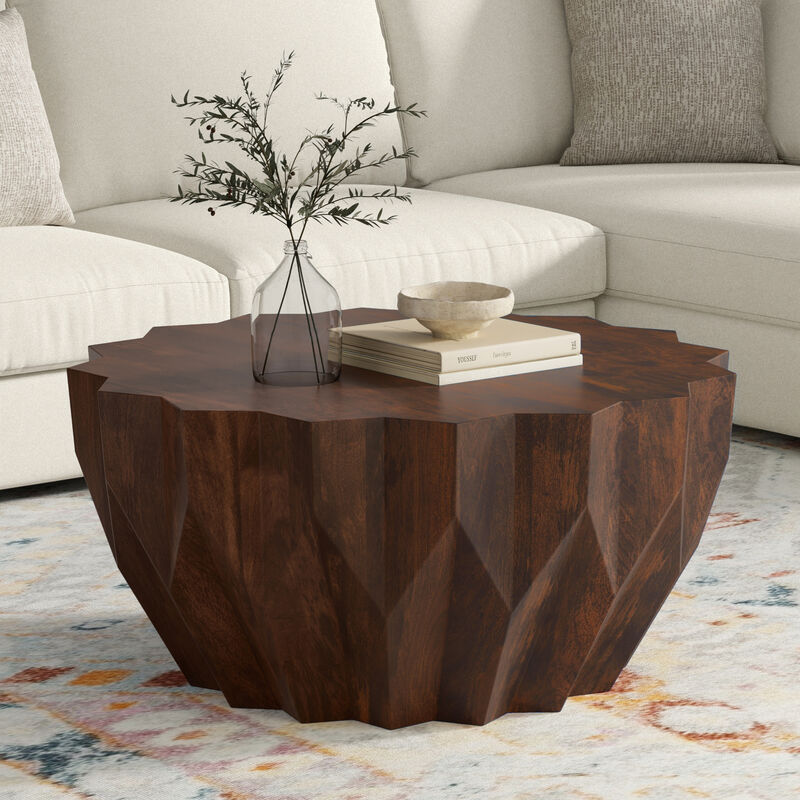 Turnbull SOLID MANGO WOOD 34 inch Wide Polygon Contemporary Coffee Table in Walnut, Fully Assembled