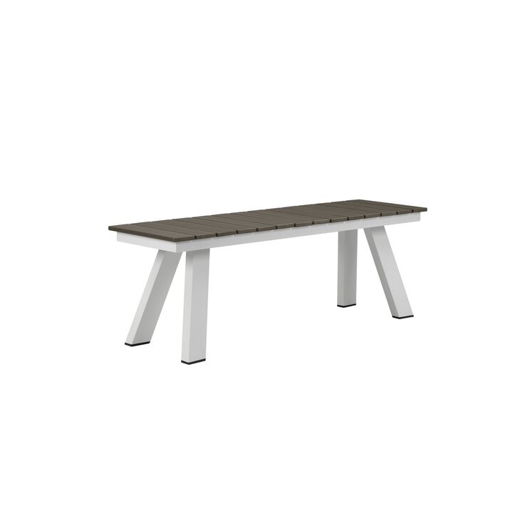 Zia 54 Inch Outdoor Dining Bench, Gray Polyresin Top, White Aluminum Frame-Benzara