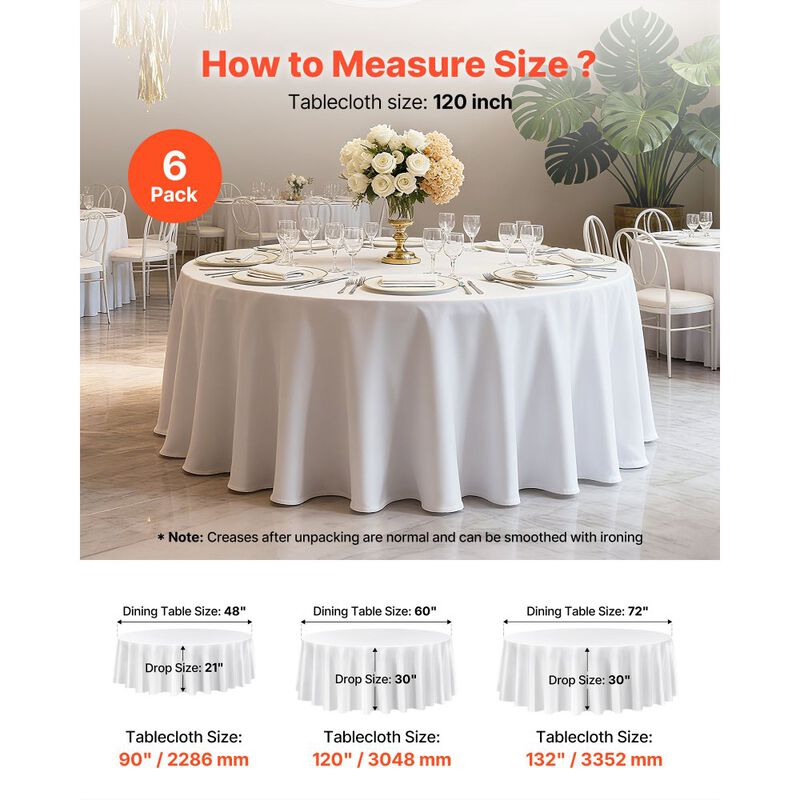 6 Piece Round Tablecloths, Wrinkle Resistant Fabric Covers for Banquets, Celebrations, and Parties-White image number 2