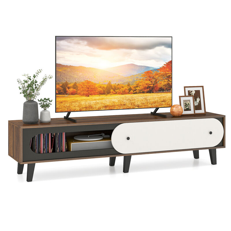 Mid-Century Modern Entertainment Center TV Stand with Sliding Door Cabinet-Walnut image number 4