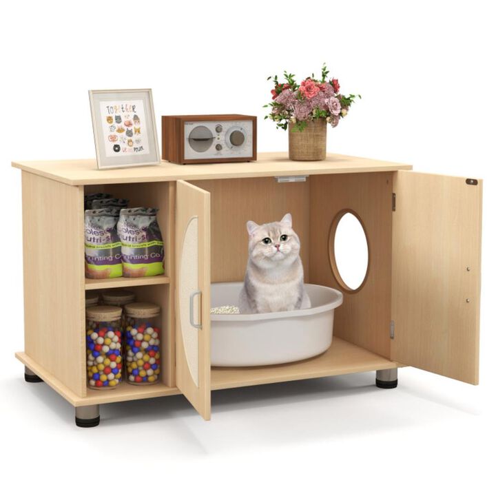 Hivvago Cat Litter Box Enclosure with Sisal Scratching Doors and Adjustable Metal Feet-Natural