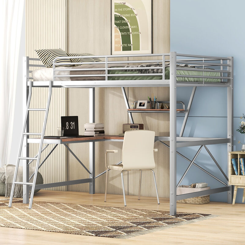 Whisen Modern Full Size Metal Loft Bed with Built-in Desk, Shelf and Ladder - Silver