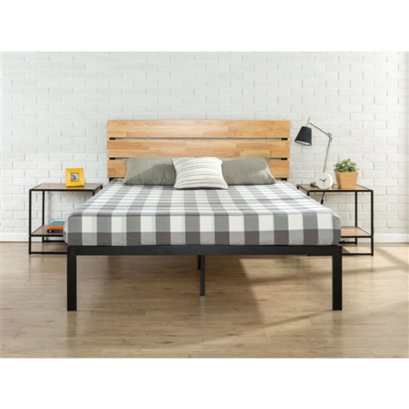 Modern Metal Platform Bed Frame with Wood Headboard and Slats