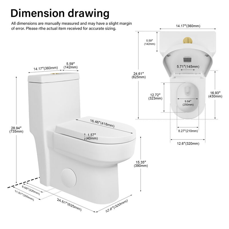 Bothwa Home 28.94" H Golden Flush Button 1.1/1.6 GPF Comfort Height Classic Water-Saving Super Quite Flushing Floor Mounted One-Piece Toilet, Soft Close image number 3