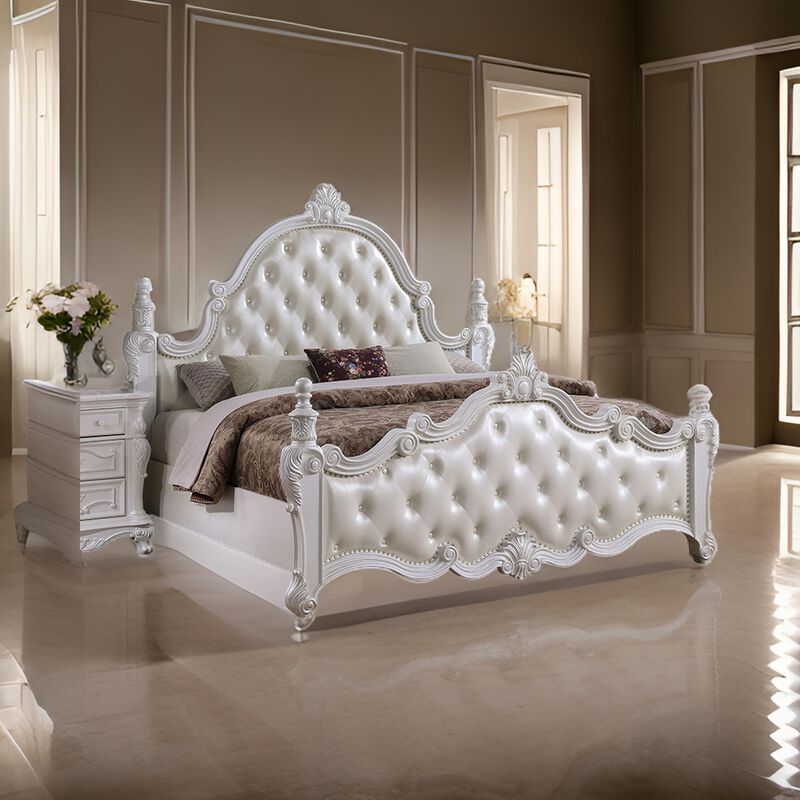 Moni King Bed, White Button Tufted Traditional Upholstery, Solid Wood