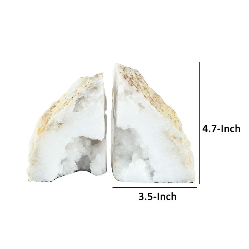5 Inch Natural White Stone Bookends, Artisanal Textured Geode Rock-Benzara