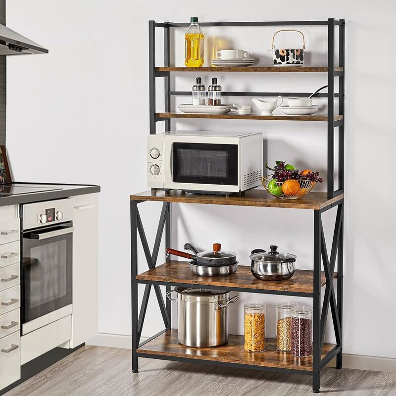 Industrial Metal and Wood Bakers Rack – Modern Kitchen Storage Shelf