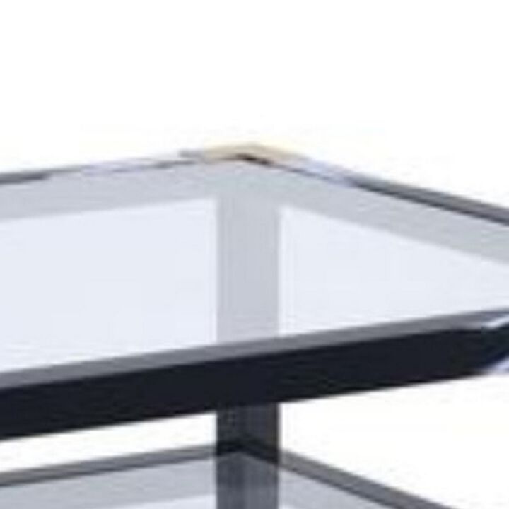 Rectangular Metal Coffee Table with Glass Top and Shelf, Black - Benzara