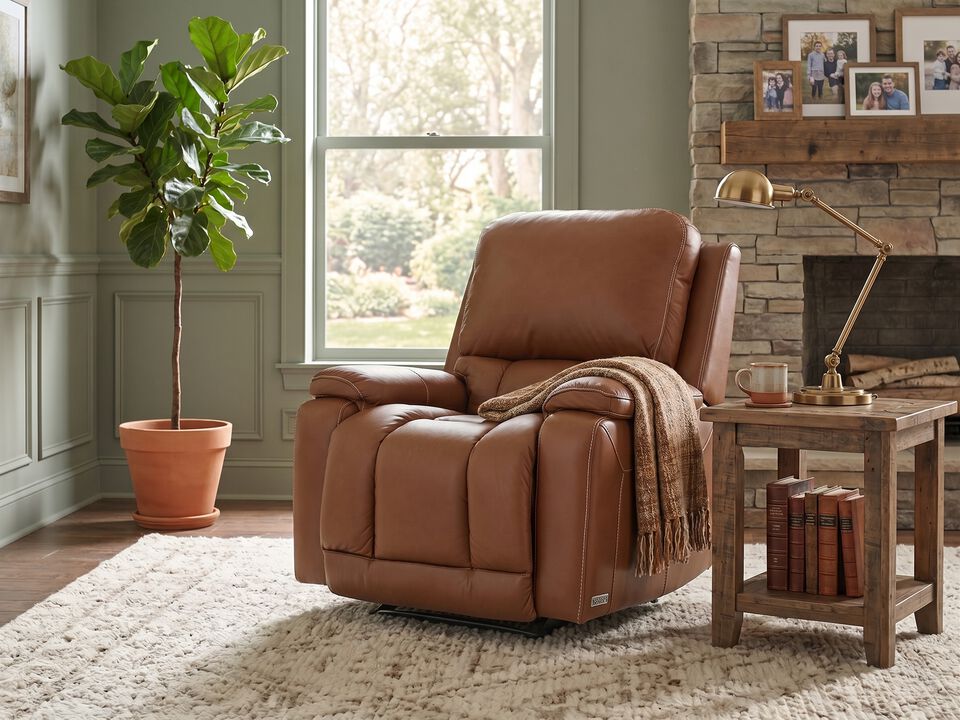 Greyson Caramel Leather Power Rocking Recliner with Adjustable Headrest & Lumbar