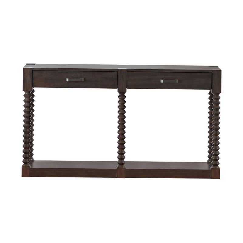 Mika 54 Inch Classic 2 Drawer Sofa Table with Shelf, Spindle Posts, Brown-Benzara