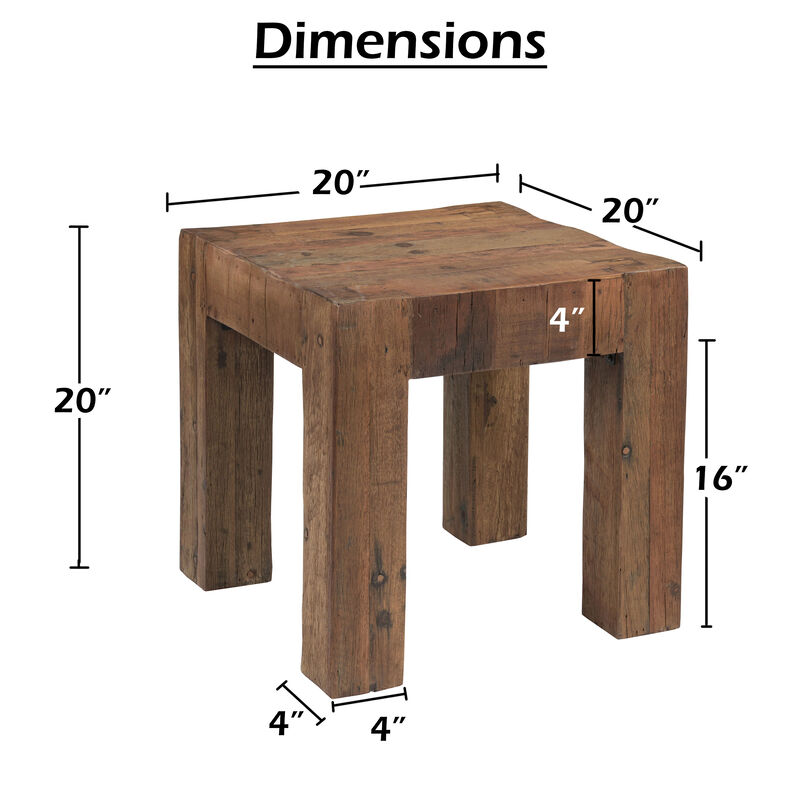 Kiosk Side End Table, Reclaimed Wood, Rustic Brown Finish, Chunky Block Legs, 20 Inch image number 3