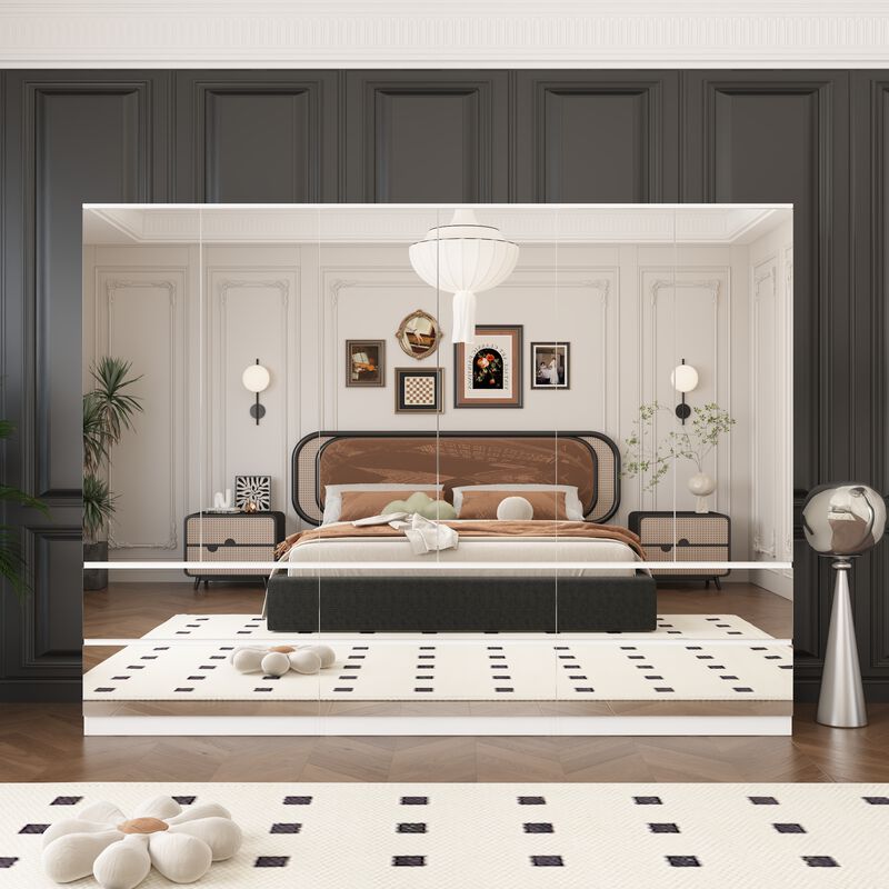 FUFU&GAGA Modern White Armoire with Full-Length Glass Mirrors – Elegant Wardrobe with Ample Storage and Robust Construction, (94.5" L x 19.7" W x 70.9" H),Silver