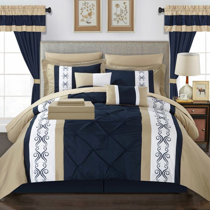 Chic Home Irina Pinch Pleat Pintuck Design BIB Sheet Set 20 Pieces Comforter Pillowcases Window Treatments Decorative Pillows & Shams - Queen 90x90, Navy