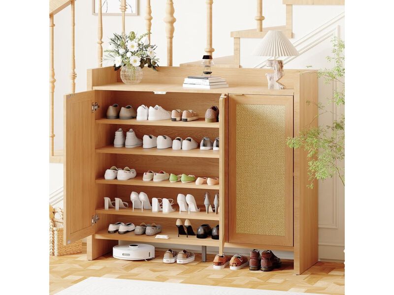 Entryway Wood Shoe Storage Cabinet Adjustable Shelves Oak Rattan image number 1