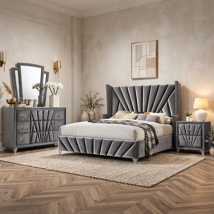 Ino 4pc Queen Bedroom Set with Wingback Headboard, Gray Upholstery