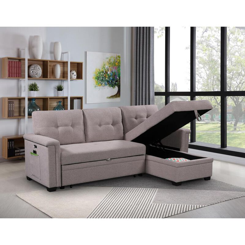 Lilola Home Ashlyn Light Gray Reversible Sleeper Sectional Sofa with Storage Chaise, USB Charging Ports and Pocket