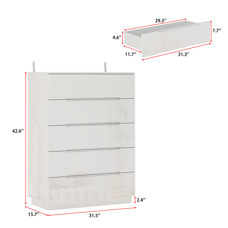High Gloss White Wood 5-Drawer Chest of Drawers Storage Organizer With LED Lights (31.5 in. W x 42.6 in. H x 15.7 in. D)
