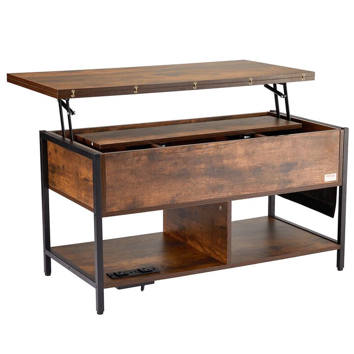VEVOR Lift Top Coffee Table 39.4 Rectangle Coffee Table with Light & USB Brown