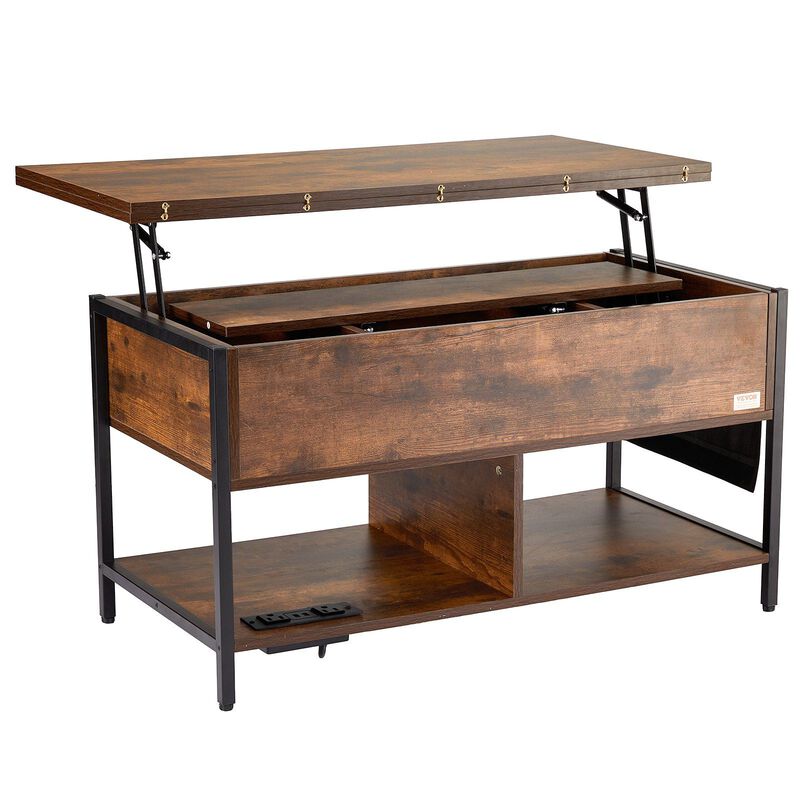 VEVOR Lift Top Coffee Table 39.4 Rectangle Coffee Table with Light & USB Brown