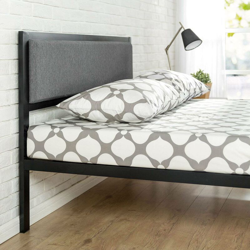 Hivvago King size Metal Platform Bed Frame with Wood Slats and Upholstered Headboard