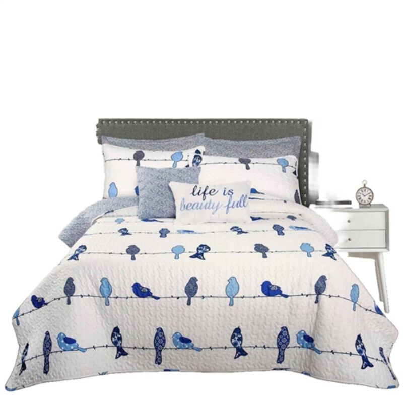 Hivvago King size Blue White Navy Floral Birds On Wire Lightweight 7 Piece Quilt Set