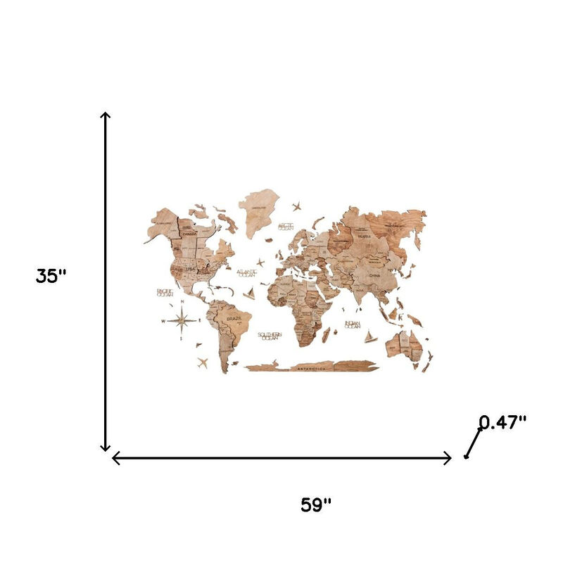 HomeRoots 35" X 59" Wood Brown Wood World Map Hanging Dimensional Sculpture image number 4