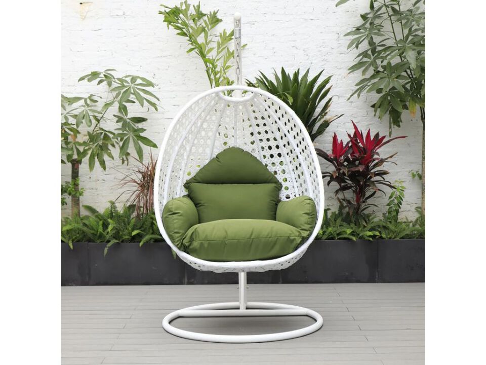 LeisureMod White Wicker Hanging Egg Swing Chair - Modern Outdoor Patio Chair for Porch, Balcony & Garden | Comfortable, Stylish, Durable
