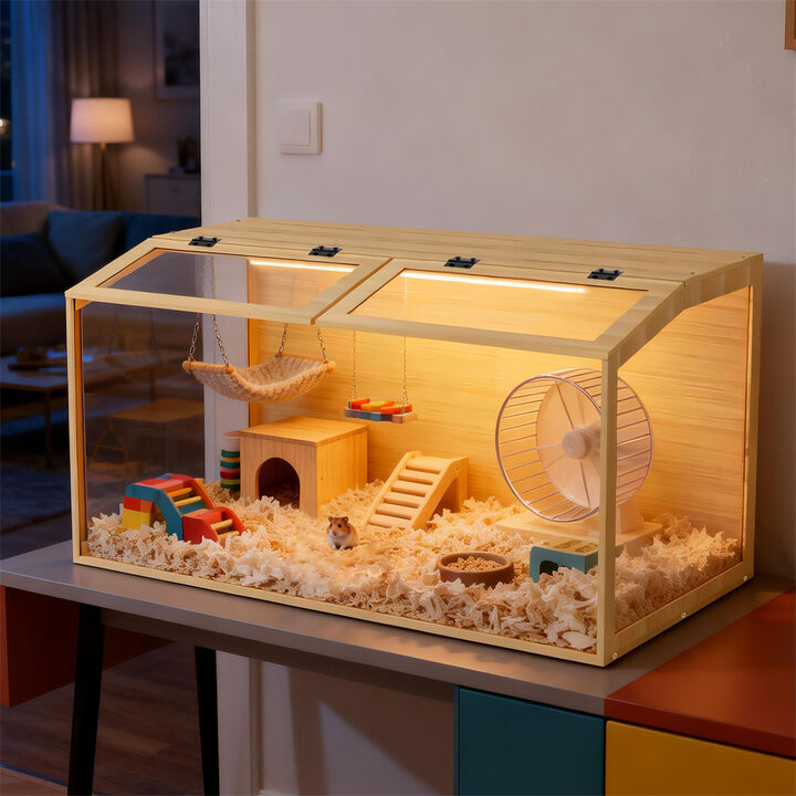 47&rdquo;x24" Tempered Glass Wood Hamster Cage, Large Chew-Proof Habitat w/ LED Light