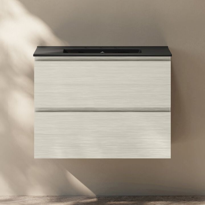 30" Wall-Mounted Bathroom Vanity in White Oak, Black 3-Hole Widespread Sink Top