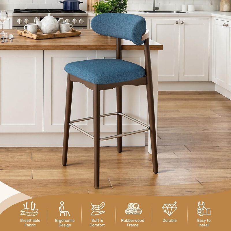Modern Metal Counter Height Bar Stools | Steady Rubber Wood Legs & Ergonomic Backrest, Non-Swivel Kitchen Island Chairs for Dining Room, Home Bar, Outdoor image number 3