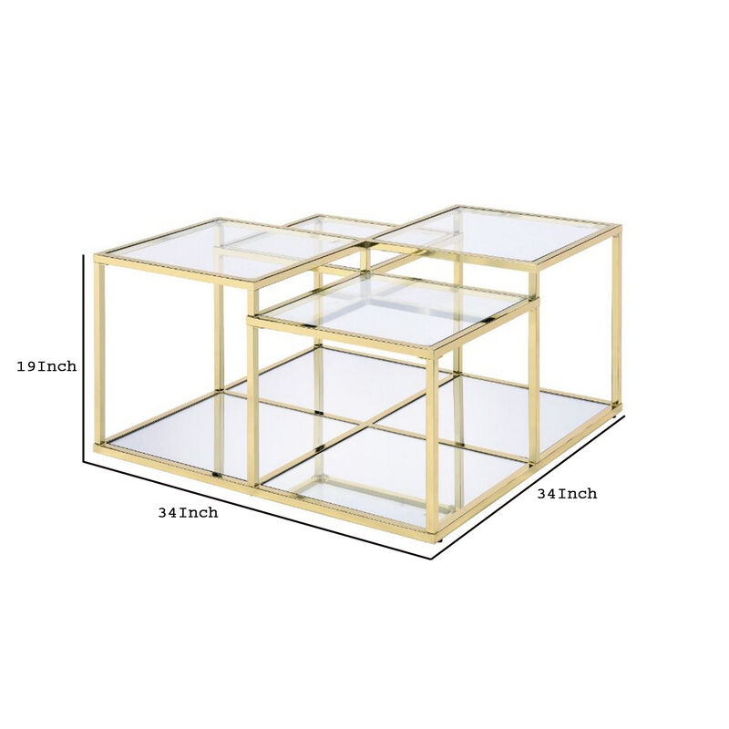 Coffee Table with Glass Top and Tubular Frame, Gold-Benzara