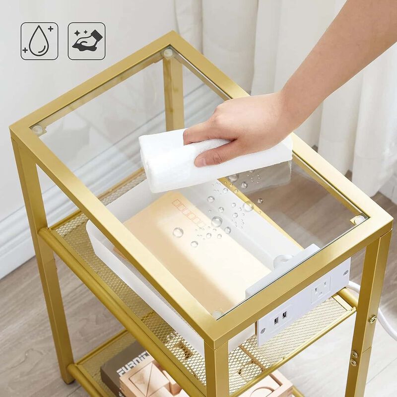 3-Tier End Table with Tempered Glass Shelves, USB and Power Outlet-Gold image number 3