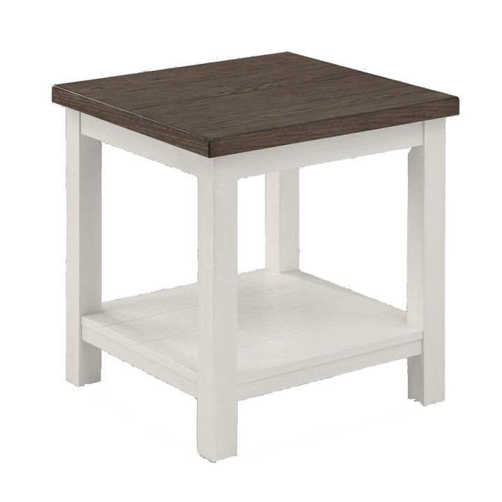 Mon 24 Inch Square End Table, Open Bottom Shelf, Brown Top, White Frame