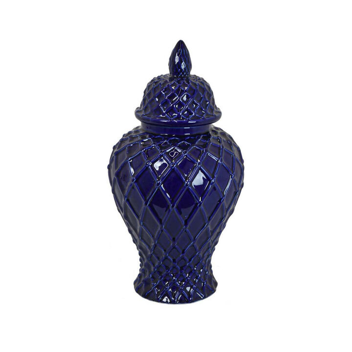 Livie 14 Inch Temple Ginger Jar, Geometric Design, Dome Lid, Ceramic, Blue - Benzara