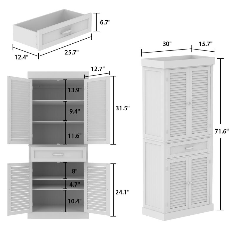 White Paint Wood Storage Cabinet With 4-Shutter Doors, Drawers and Adjustable Shelves For Office, Kitchen