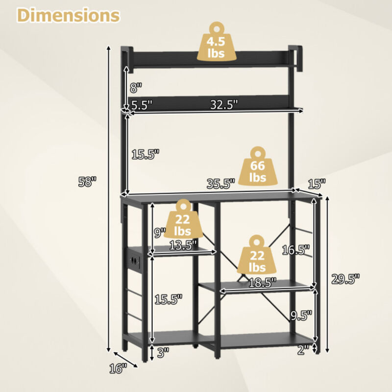 Microwave Oven Stand Kitchen Baker&rsquo;s Rack with Power Outlet and LED Lights image number 2