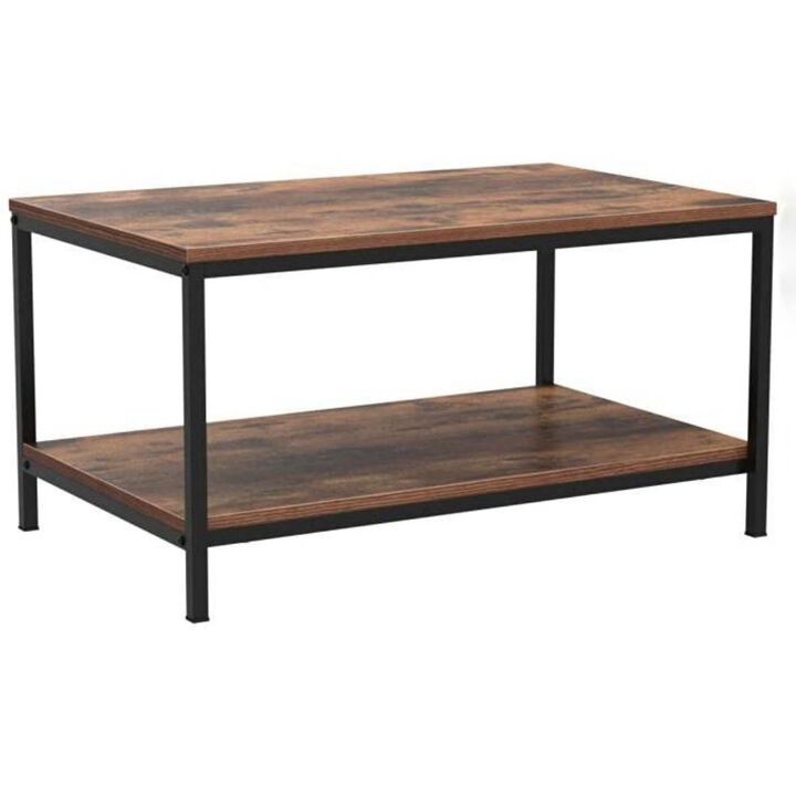 Hivvago Heavy Duty Industrial 2-Tier Coffee Table in Rustic Brown Wood Finish