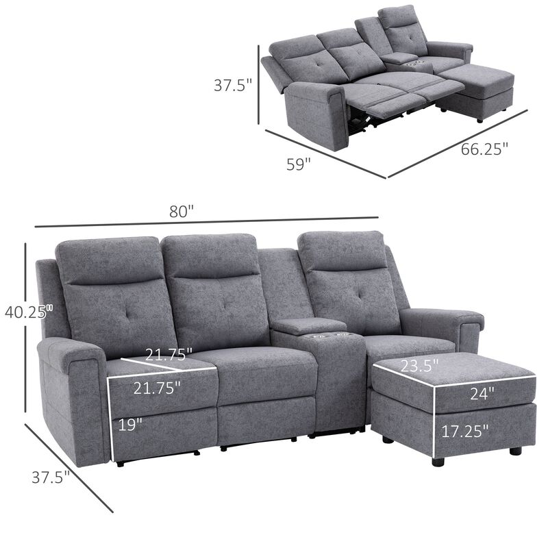 Modern L-Shaped Couch Manual Recliner with Pull-Out Ring Reclining Sectional with Chaise 3 Seater L-Shaped Sofa with Cup Holders - Grey