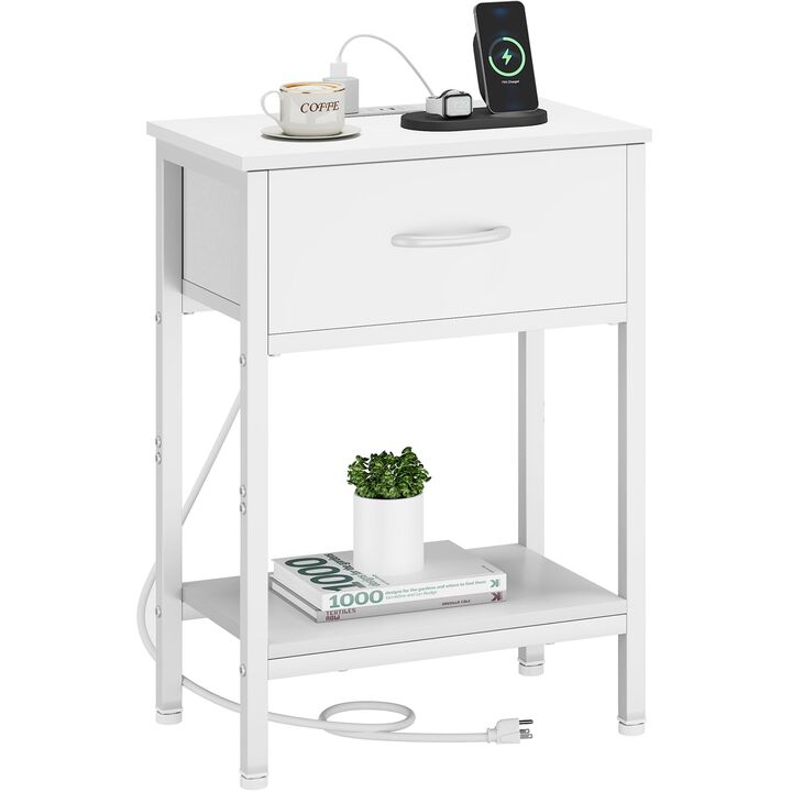 Vagusicc White Nightstand with Charging Station, End Table with Fabric Drawer, Small Side Table with 2-Tier Storage Shelves, 25.