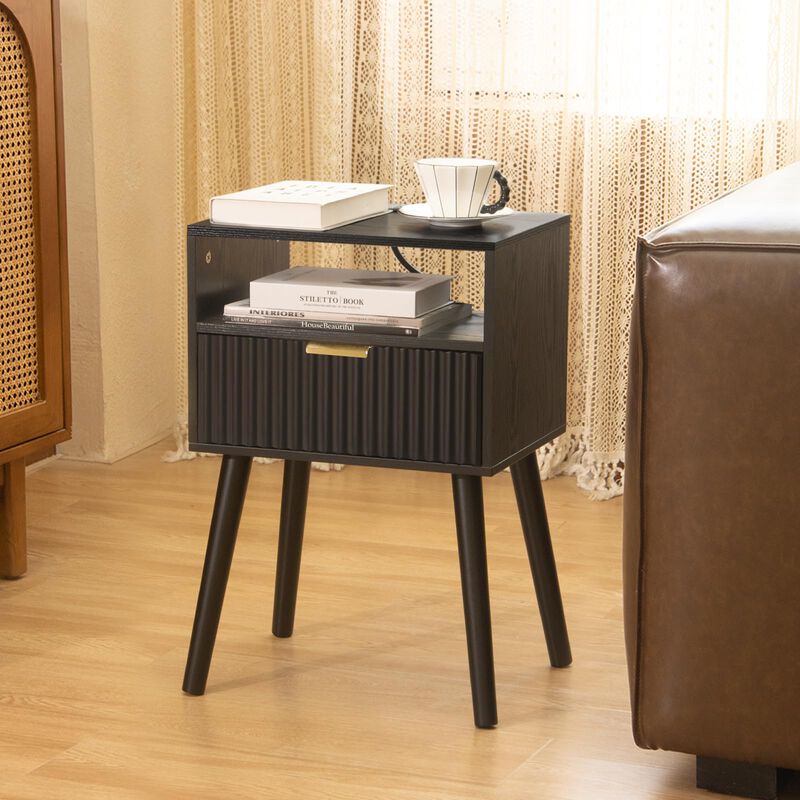 Fultyle Black Nightstand with Charging Station, Mid Cetury Modern Nightstand with Drawers, Fluted End Side Table Living Room for