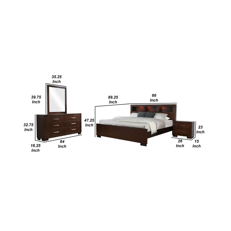 Bela 4 Piece Queen Bedroom Set, Bookcase Headboard, Dark Brown
