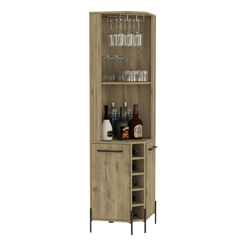 DEPOT E-SHOP Bosnia Corner Bar Cabinet, Two Shelves, Two Independent Single Door Cabinet, Five Built-in Wine Rack, Four Interior Shelves, Macadamia
