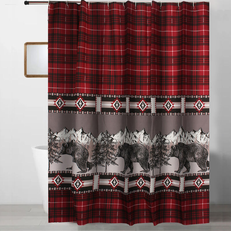 Sofia 72 Inch Bear Shower Curtain, Red and Black Plaid, Poly Microfiber-Benzara