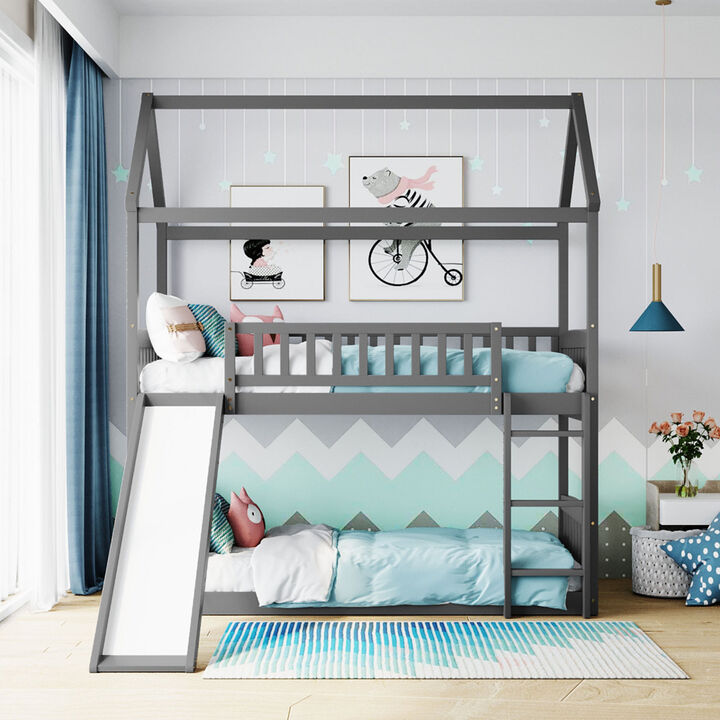 Twin Over Twin Bunk Bed with Slide, House Bed with Slide, Gray(OLD SKU: LT000213AAE