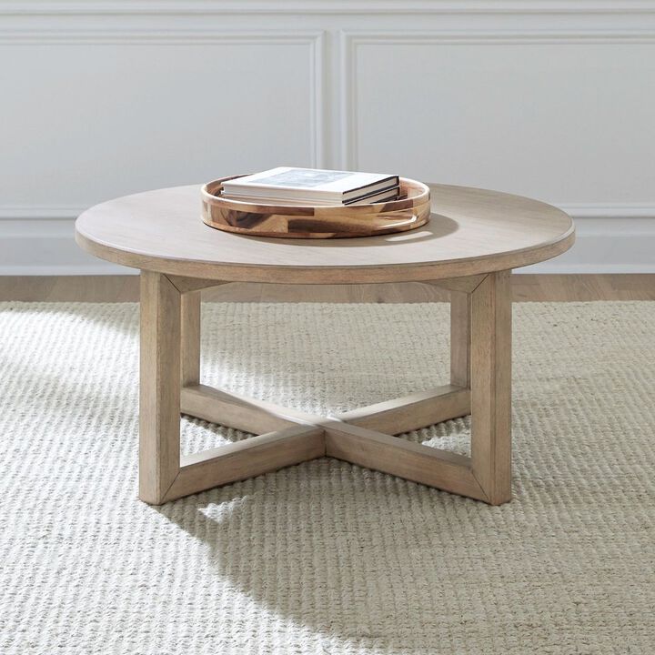 Liberty Furniture Living Room Round Cocktail Table Center Trestle - Barley Buff Birch Wood