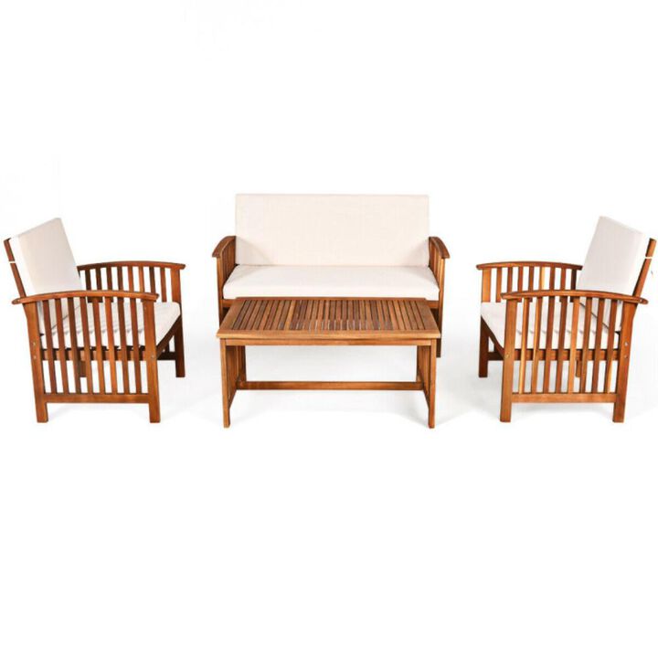 Hivvago 4 Pieces Patio Solid Wood Furniture Set with Water Resistant Cushions